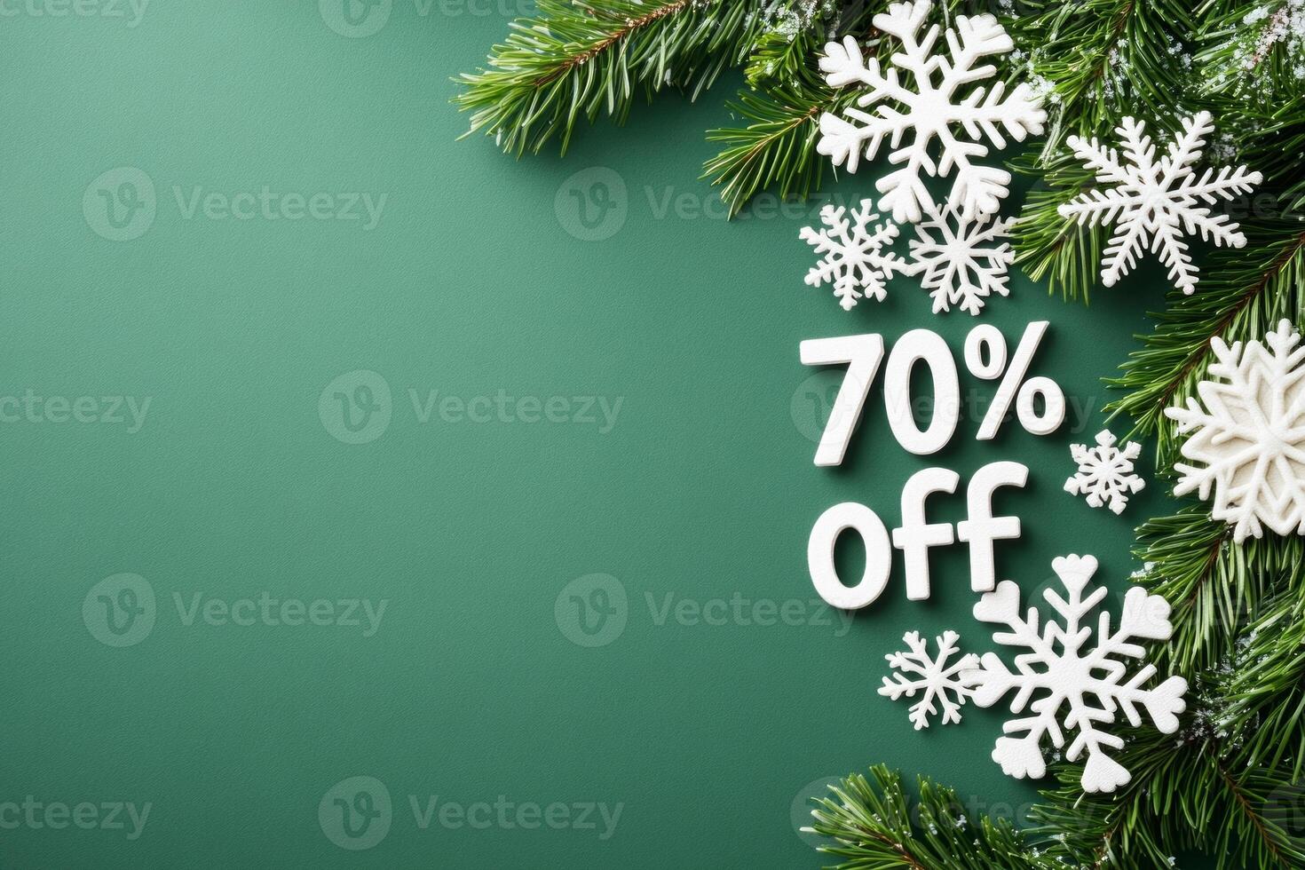 Holiday sale promotion featuring 70 percent off text on deep green background with snowflake decorations photo