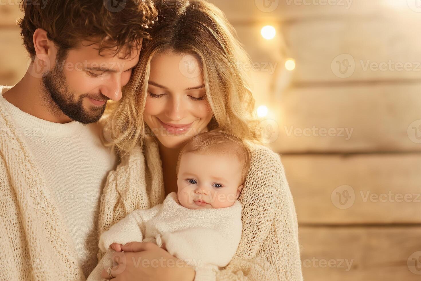 Tender family moment in soft candlelight with parents embracing their baby warmly photo