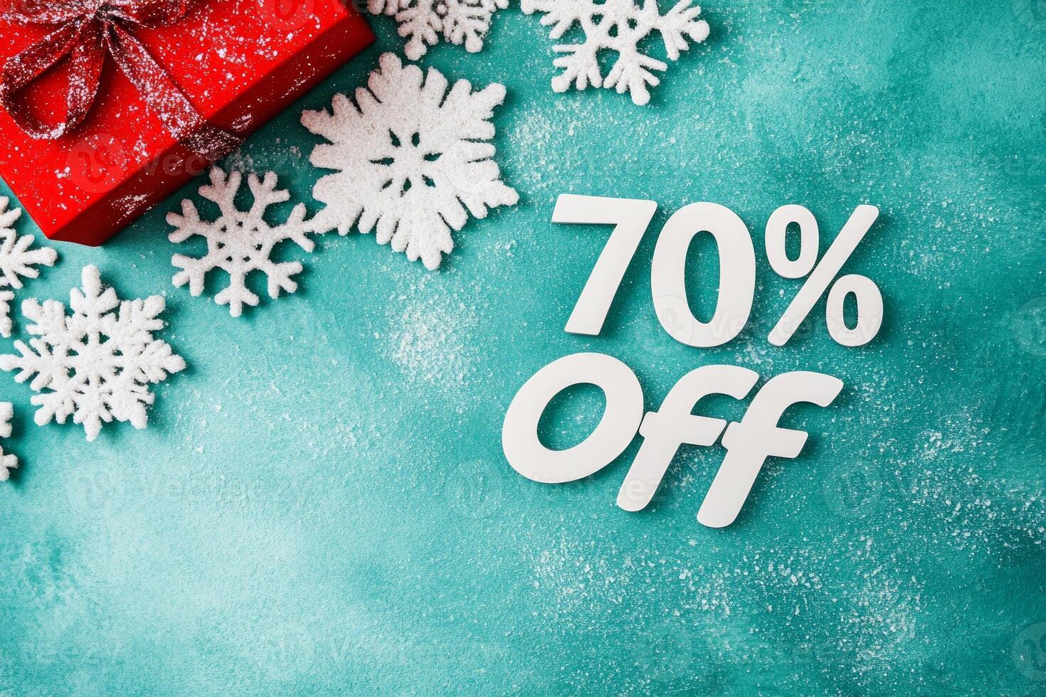 Holiday sale promotion featuring 70 percent off text with snowflakes on a green textured background photo