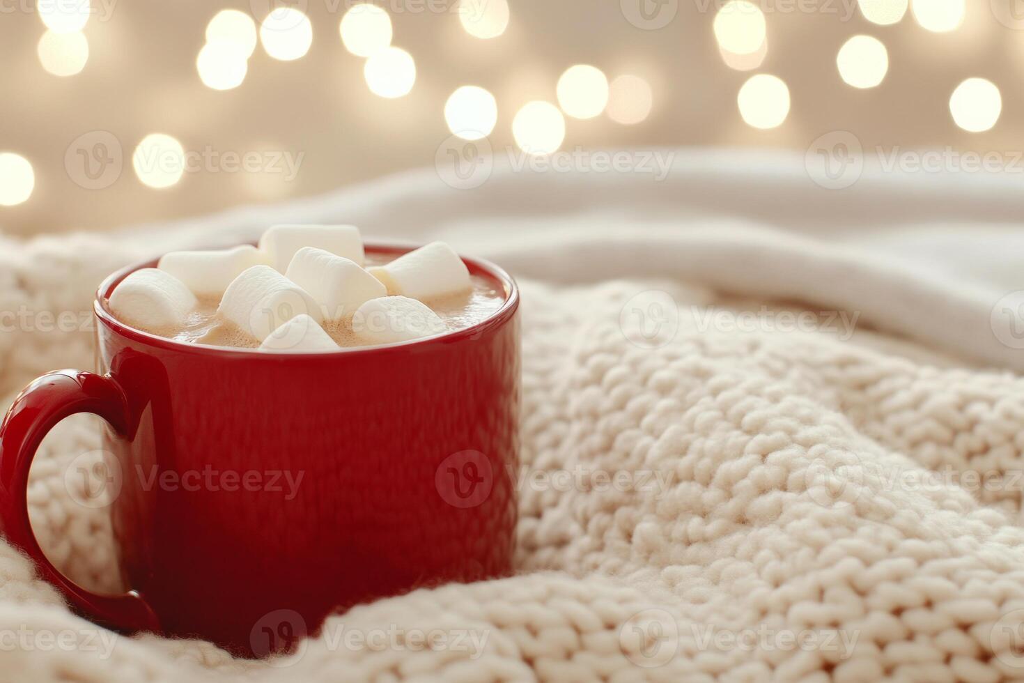 Enjoying a cozy cup of hot cocoa topped with marshmallows by holiday lights and blankets photo