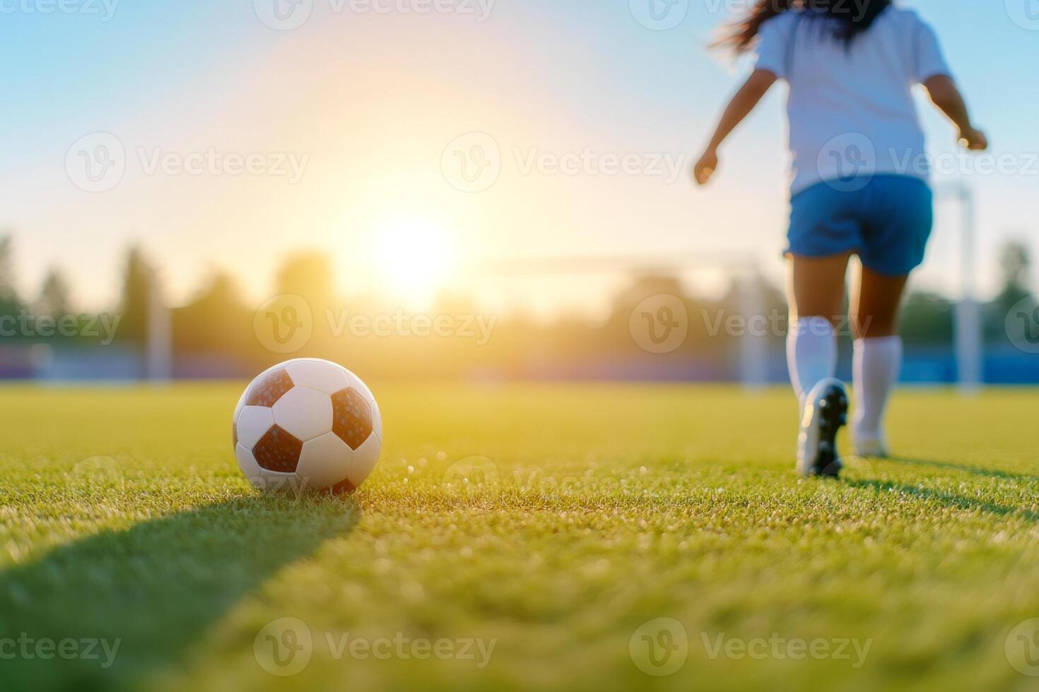 Girl in a white and blue soccer kit kicking the ball toward the goal as the sun sets behind a blurred stadium photo