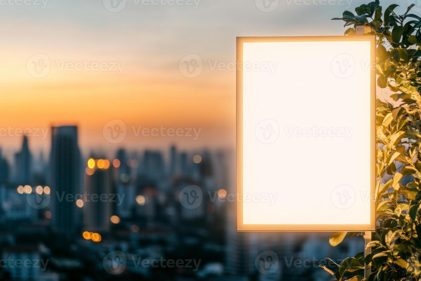 Blank outdoor signage mockup in a vibrant cityscape during evening with a minimalist design photo