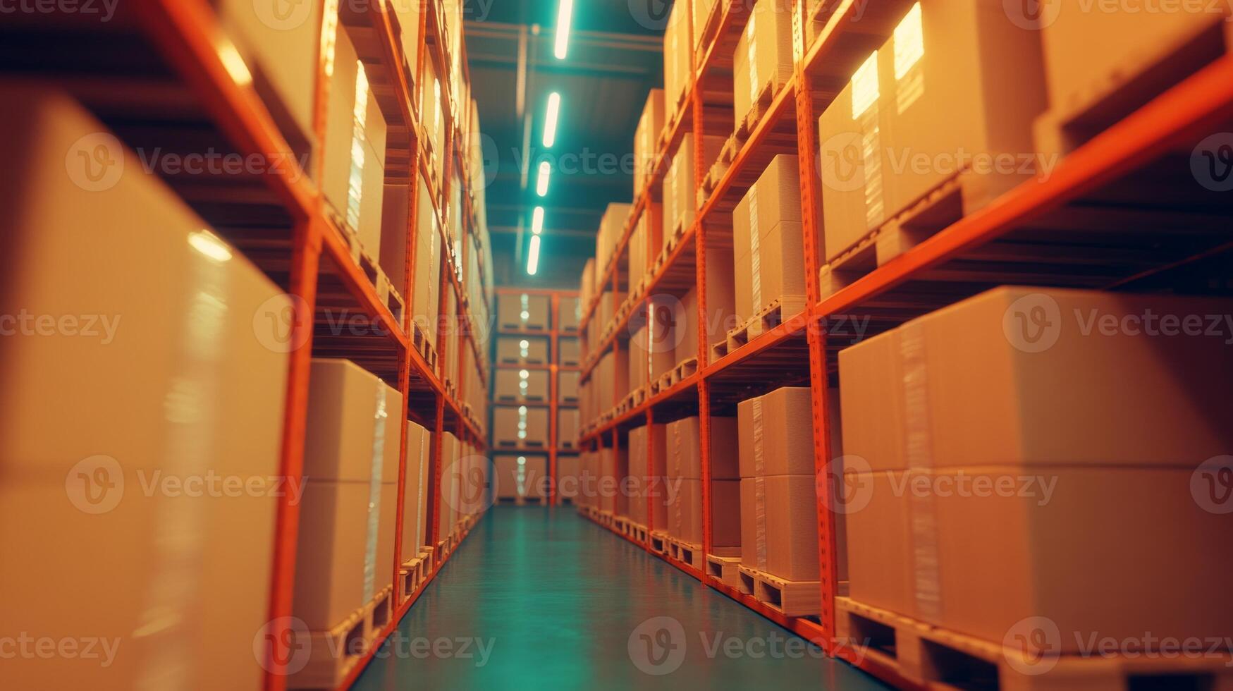 Brightly lit warehouse with organized shelves stacked high with cardboard boxes during a busy logistics operation photo