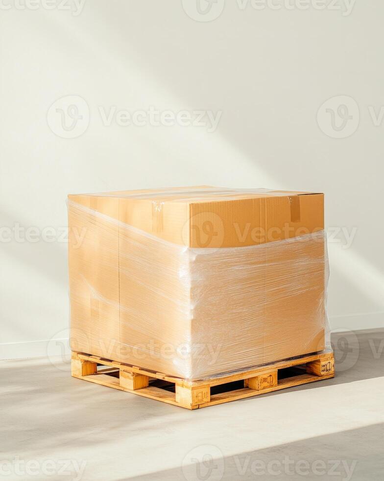 Neatly stacked cardboard boxes on a pallet in a bright logistics warehouse setting photo