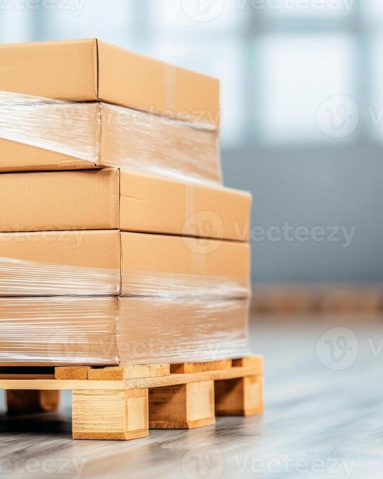 Neatly stacked cardboard boxes on a pallet in a well-lit logistics warehouse on a concrete floor photo