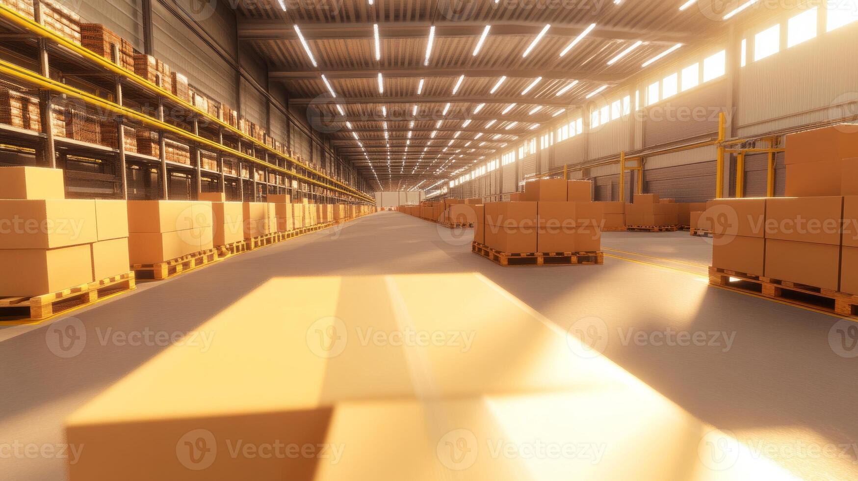 Large modern distribution center features automated conveyor system transporting cardboard boxes on pallets photo