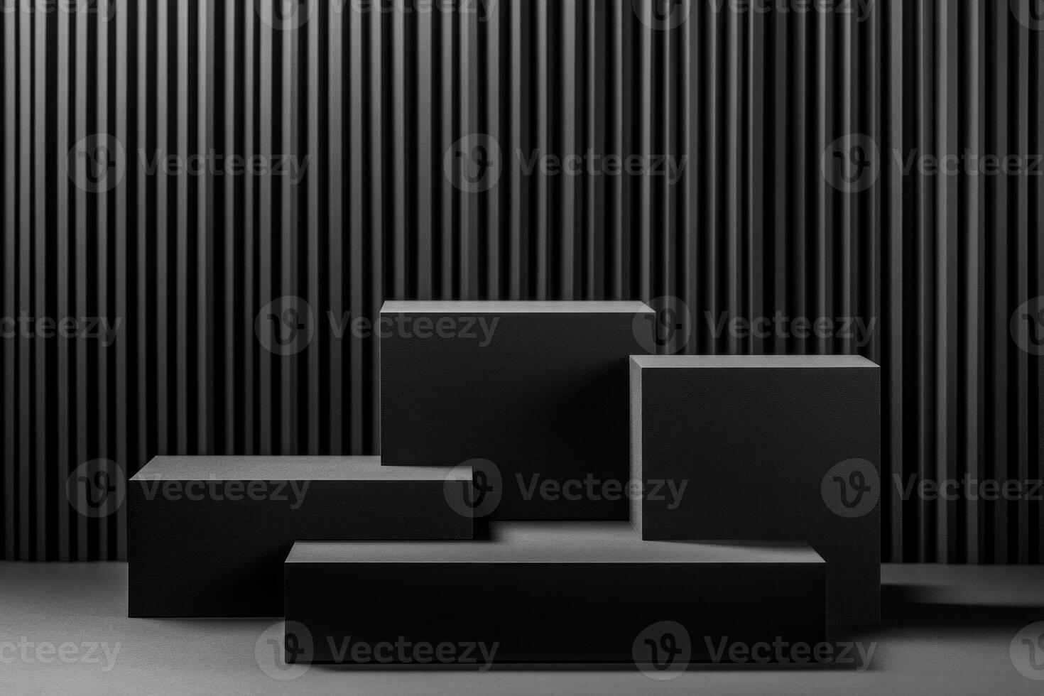 Minimalist black podium mockups on textured dark background with soft lighting photo