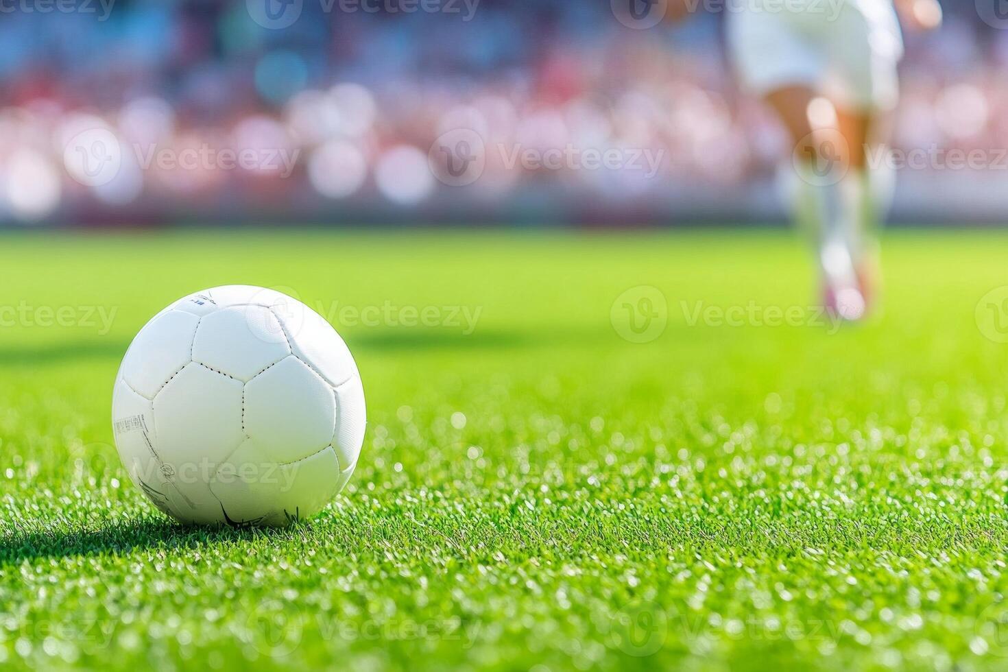 A girl in a white uniform plays soccer on a vibrant green field during a sunny day photo