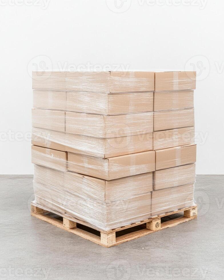 Neatly stacked cardboard boxes wrapped in plastic on a pallet in a well-lit logistics warehouse photo