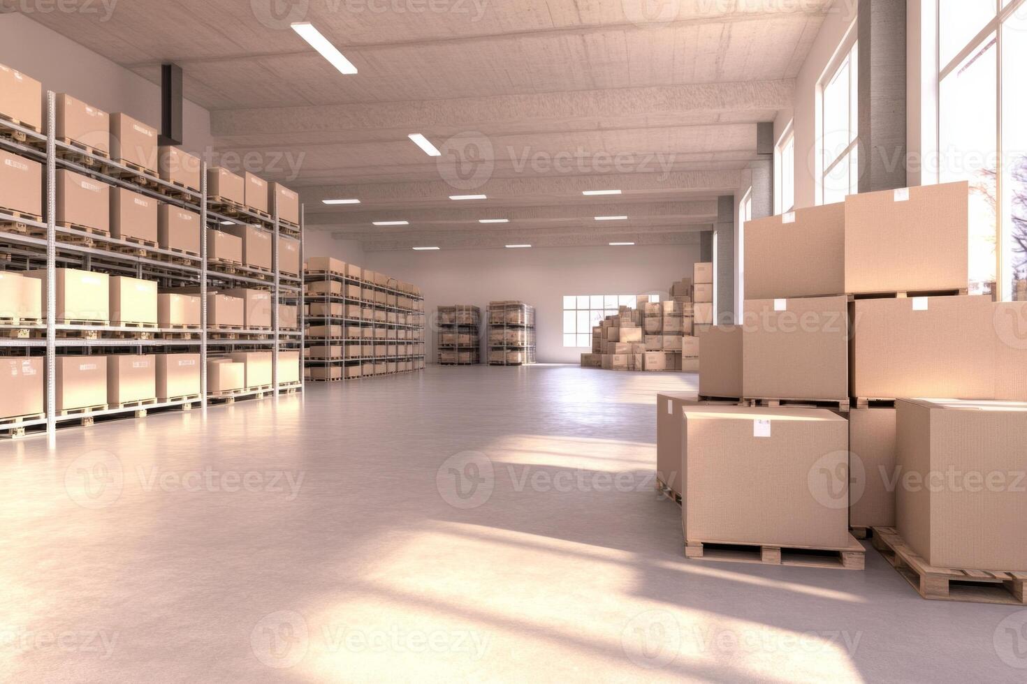 Organized warehouse interior with high metal shelves and pallets of cardboard boxes for logistics operations photo