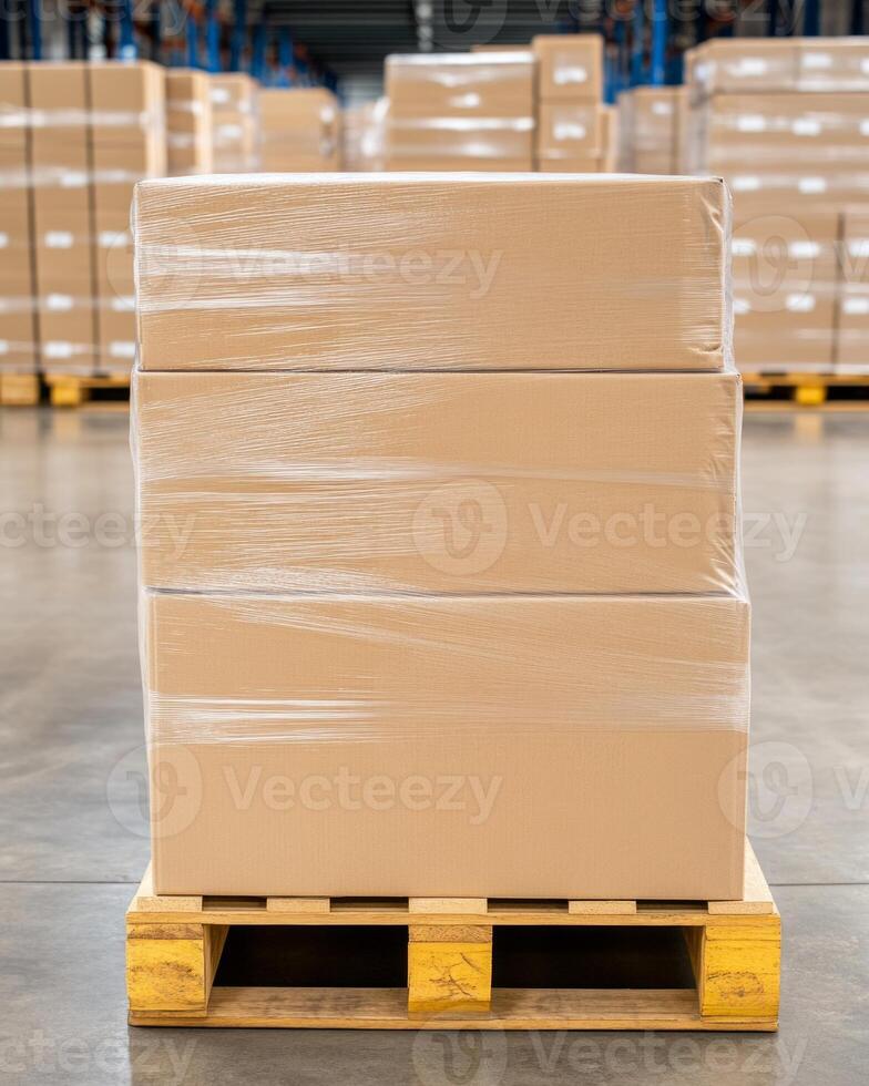 Neatly stacked boxes on a wooden pallet inside a warehouse ready for distribution photo