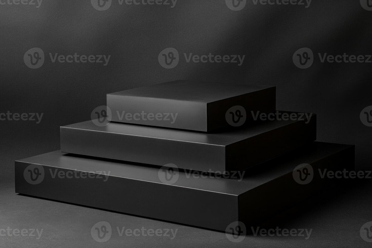 Minimalist podium mockups with black rectangular platforms on a dark background and soft lighting in a studio photo