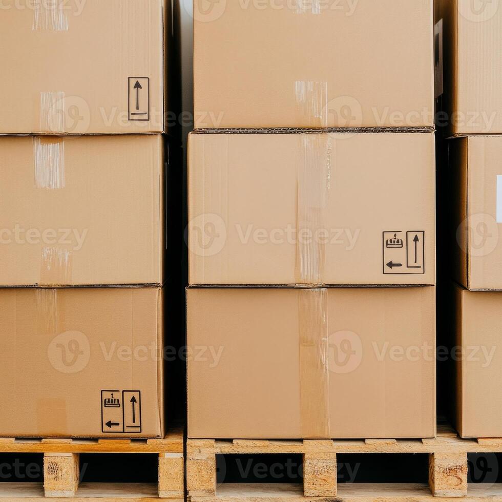 Close-up view of neatly stacked cardboard boxes on wooden pallets in a storage area photo