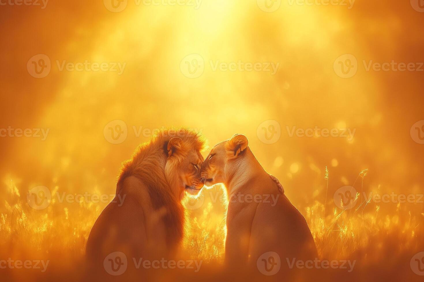 Lions nuzzling each other in golden sunlight on a savanna surrounded by tall grass photo