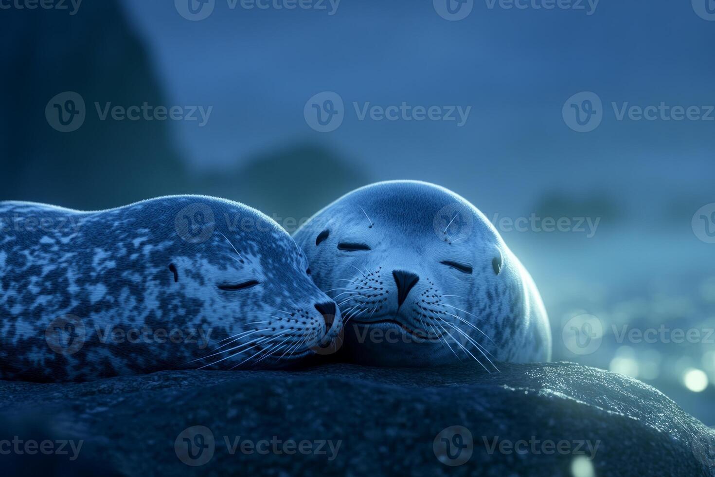 Two seals peacefully resting and interacting on a rocky shore under soft coastal light at dusk photo