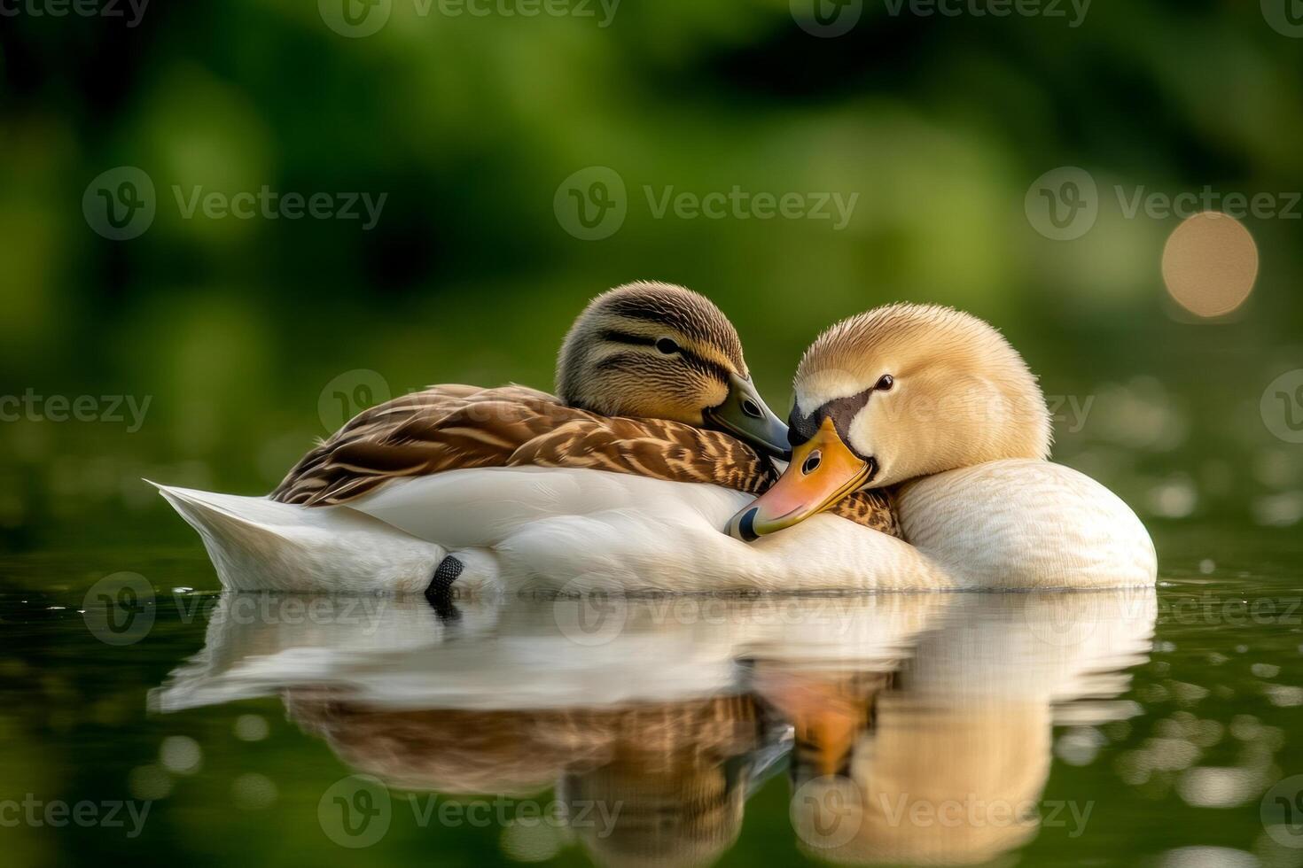 A domestic duck cuddles with a wild swan beside a serene pond reflecting their gentle companionship photo