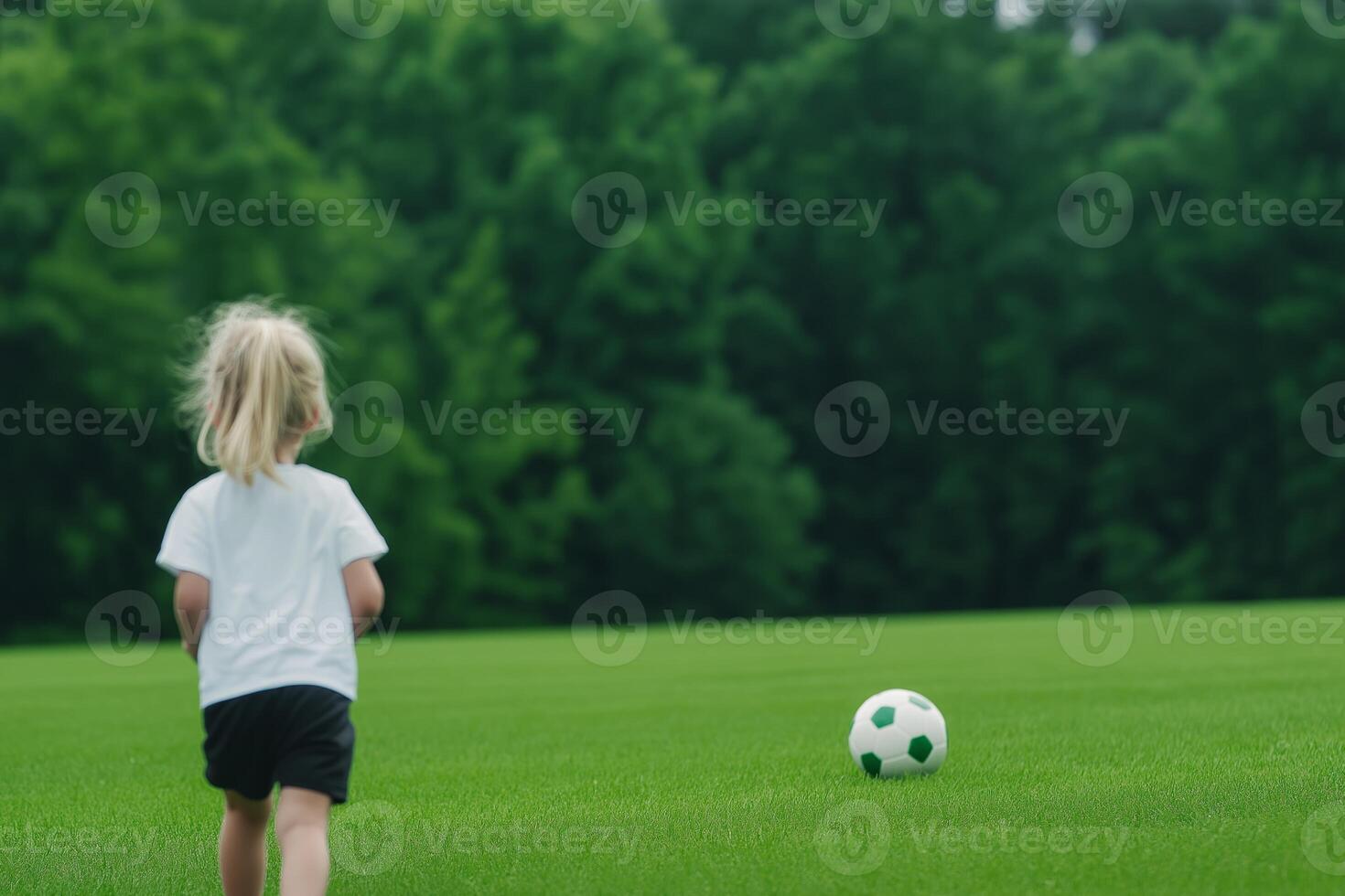 A determined young girl kicks a soccer ball on a green field surrounded by blurred trees photo