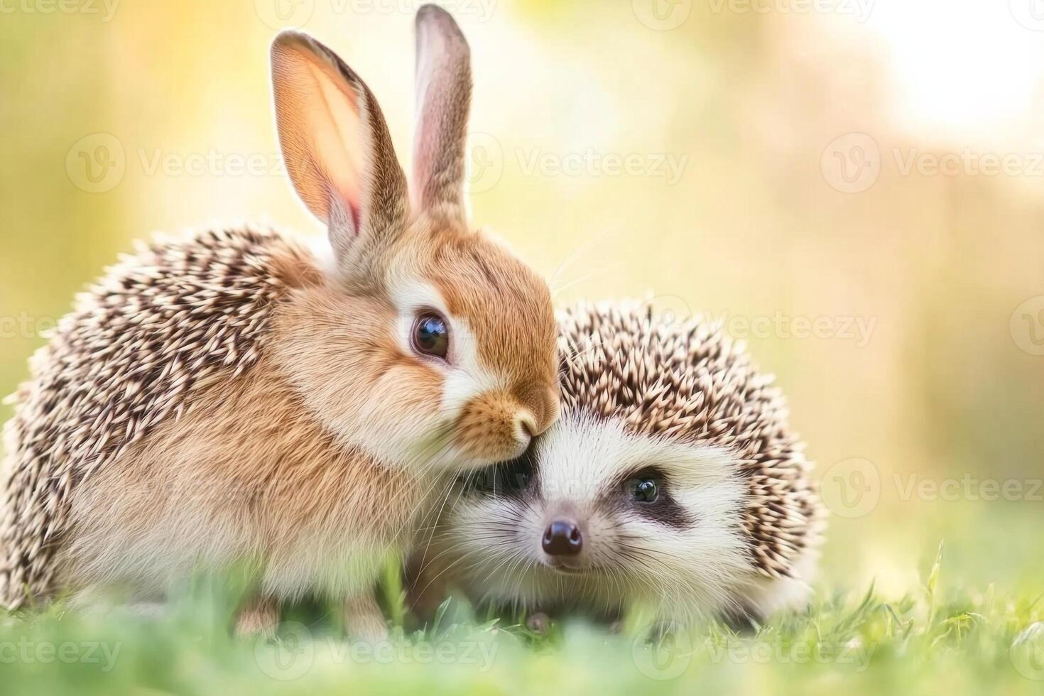 A pet rabbit and a hedgehog cuddle in a sunny meadow with soft grass and a dreamy background photo