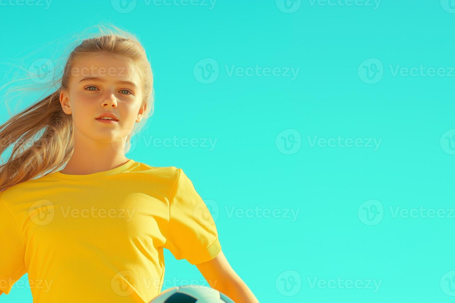 Determined young girl in yellow uniform kicks soccer ball in bright stadium under clear sky photo