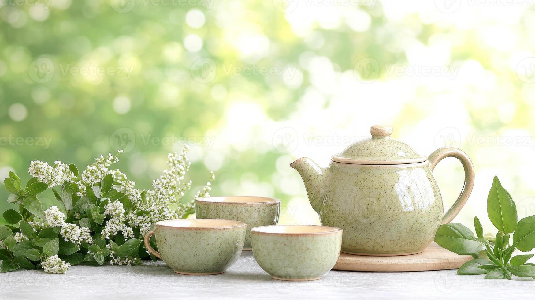 Herbal tea setup with ceramic teapot and cups surrounded by fresh herbs in a tranquil, rustic setting photo