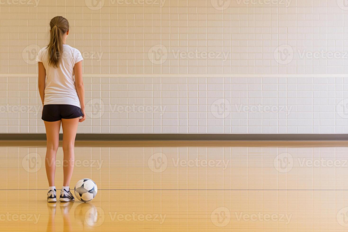 Girl demonstrating a powerful soccer kick in an empty gym during practice time photo