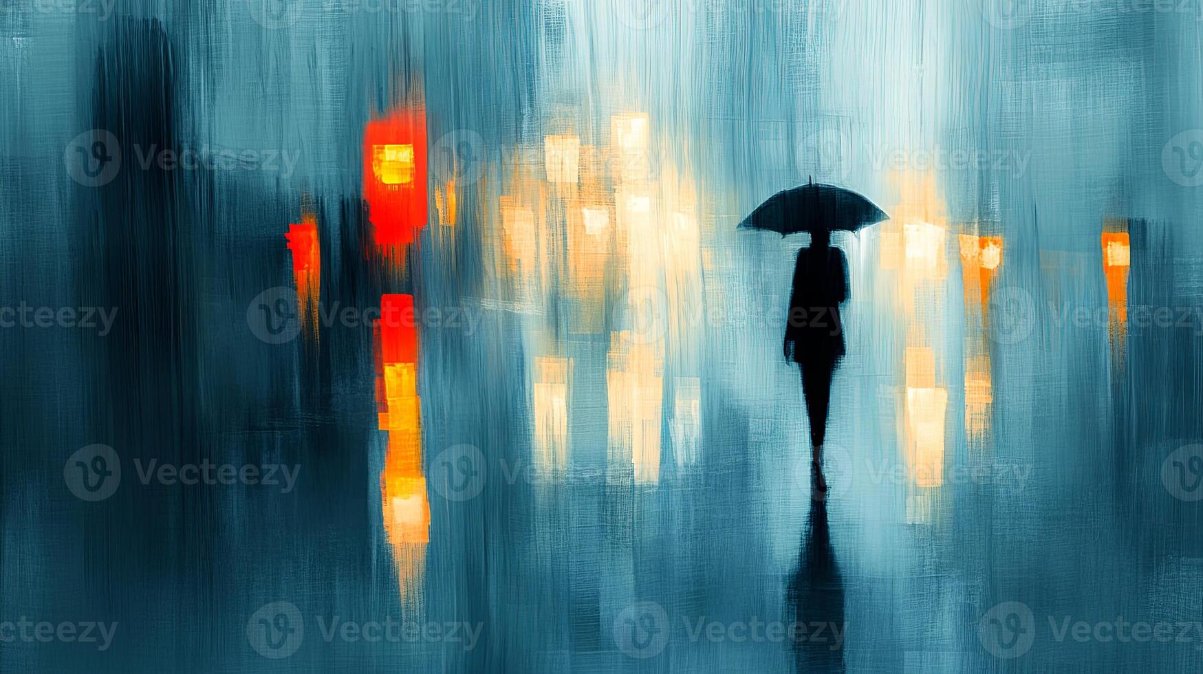 A solitary figure with an umbrella walks through a rainy city street reflecting warm lights at dusk photo