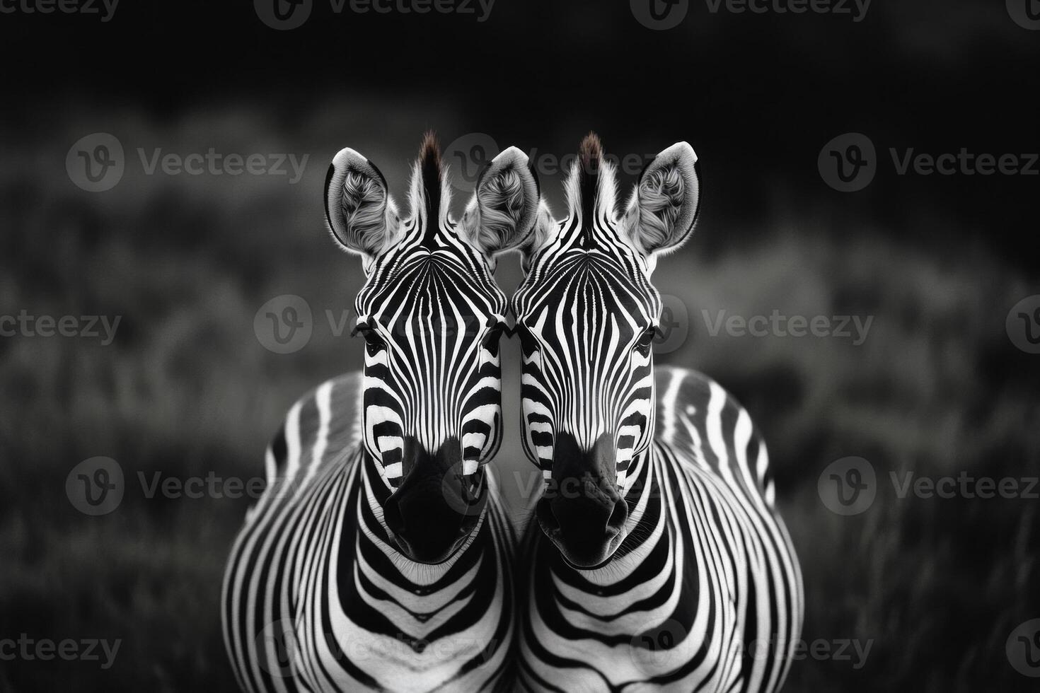 Two zebras resting together in a soft-lit grassland under gentle sunlight photo