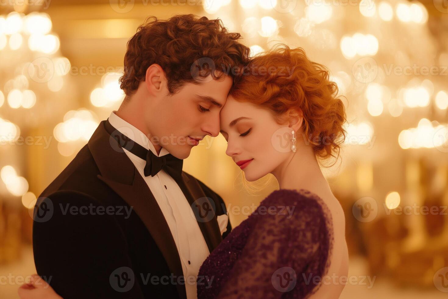 Couple dancing gracefully in a grand ballroom with chandeliers and warm light during an elegant evening photo