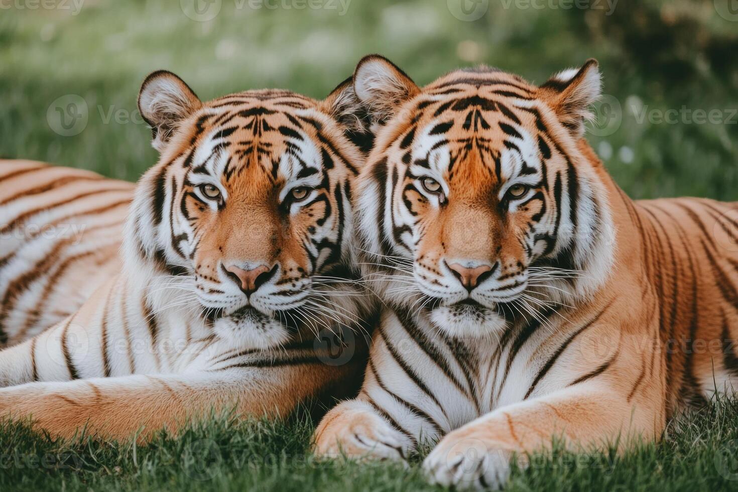 Two tigers resting close together in a grassy field during warm afternoon light showcasing their stripes photo