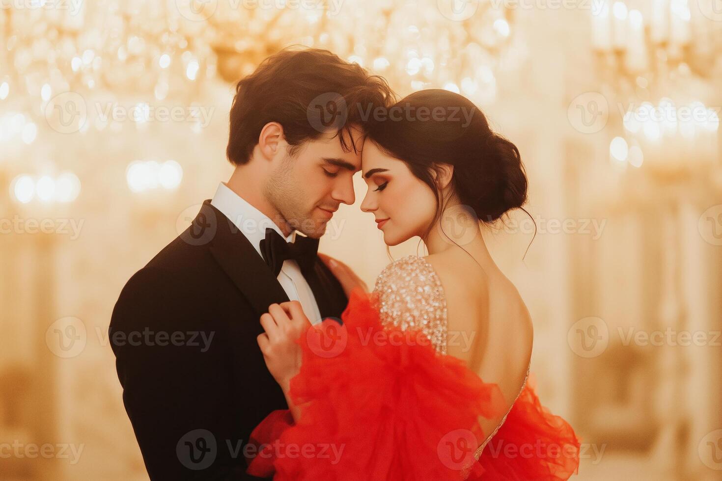 A young couple dances closely under golden chandeliers in a grand ballroom during a romantic evening event photo