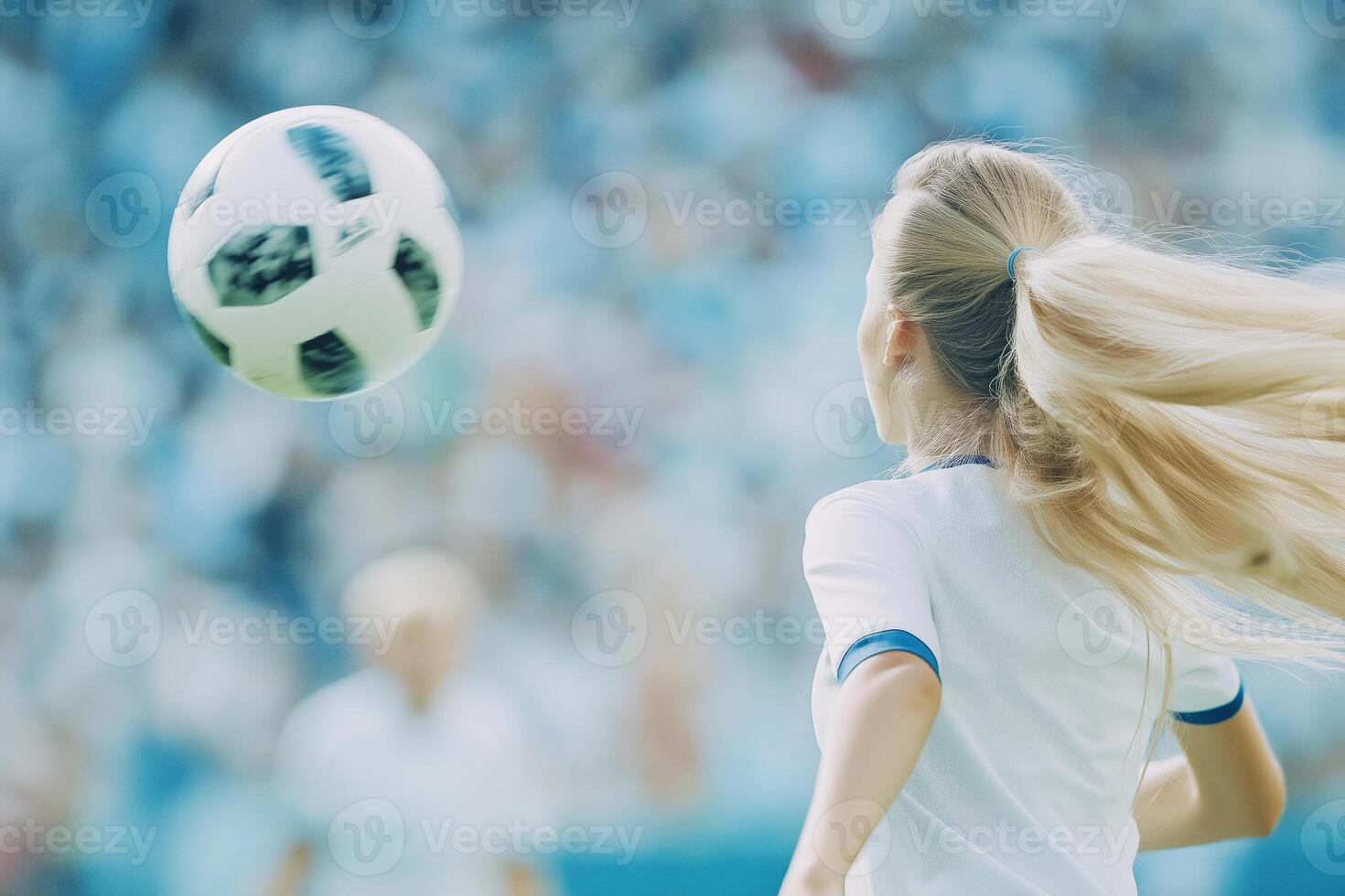 A girl in a white jersey with blue accents kicking a soccer ball in front of a cheering crowd during a match photo