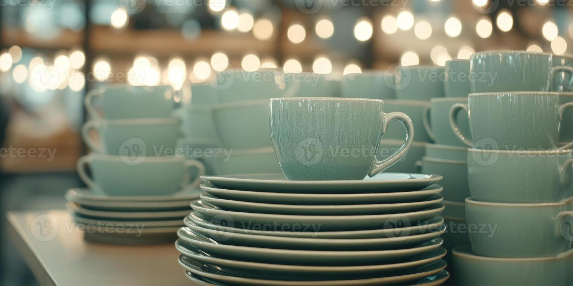 Cozy cafe atmosphere filled with stacked coffee cups and plates in soft lighting photo
