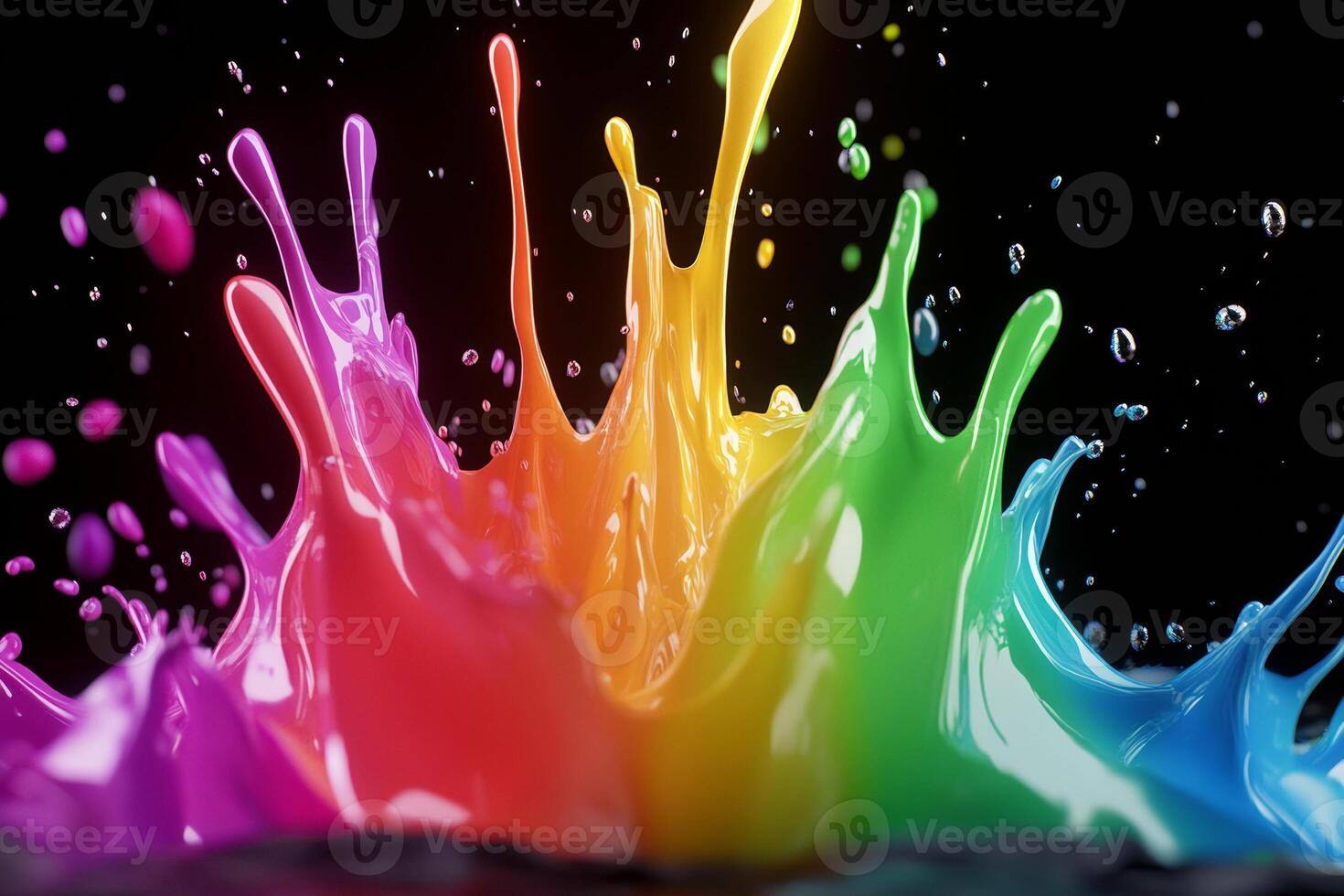 Dynamic splash of rainbow colors creating an abstract energy burst against a black background photo