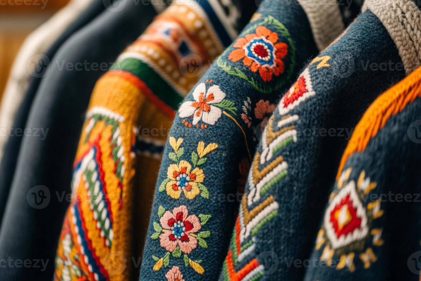 Close-up of traditional Peruvian embroidered garment showcasing Andean floral patterns and vibrant thread colors photo