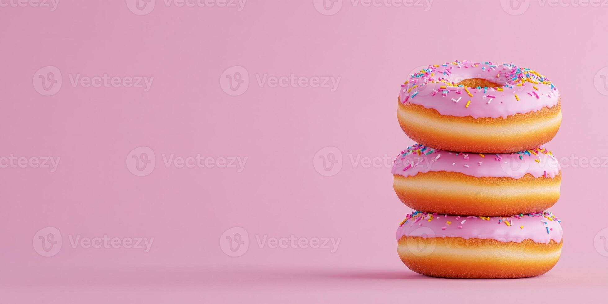 Colorful stacked donuts with vibrant frosting and sprinkles against a pastel background photo