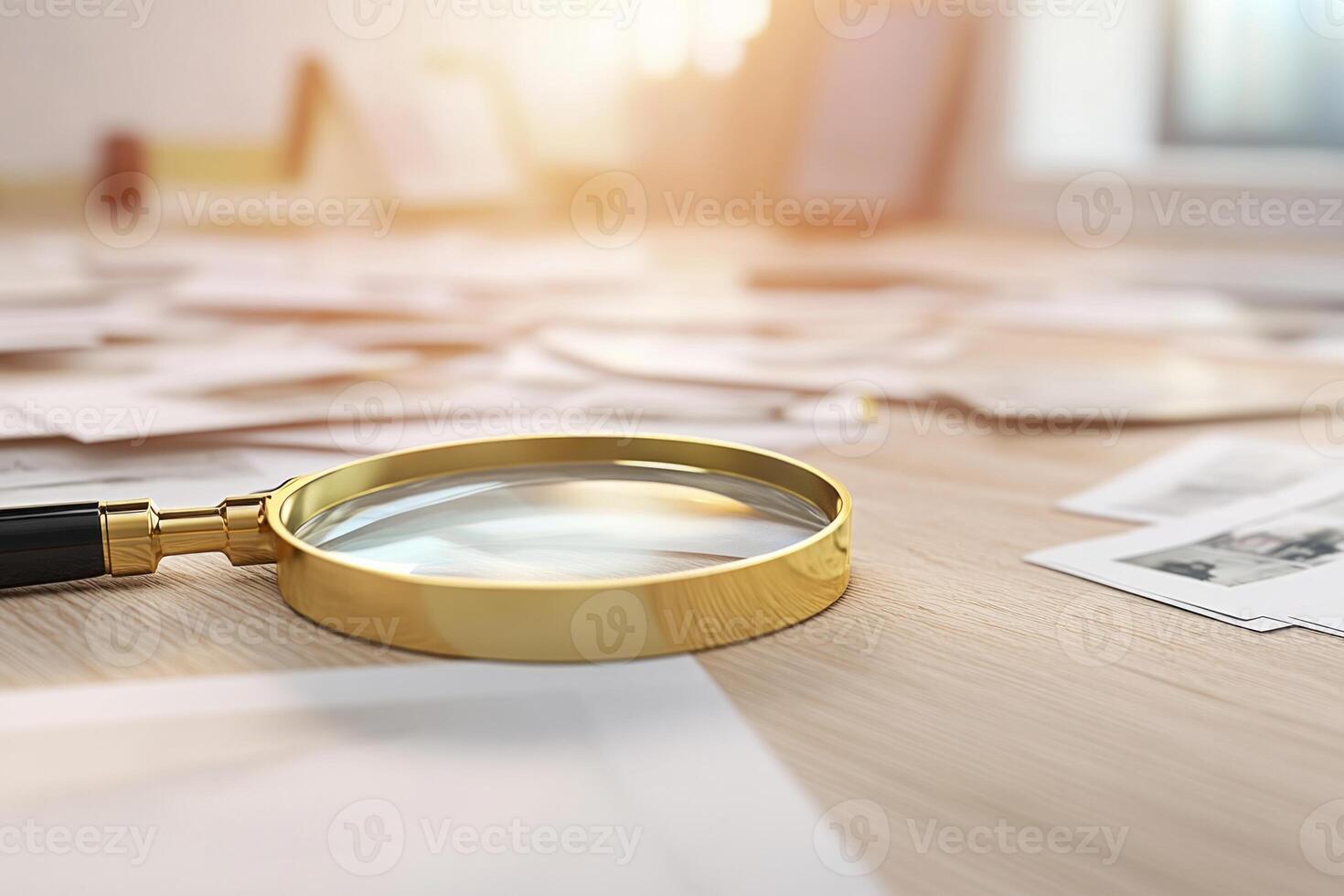 The workspace of a detective is filled with various investigation files and scattered photographs photo