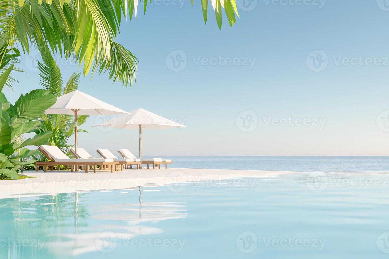 Tranquil resort pool at dawn with lounge chairs and tropical greenery in the background photo