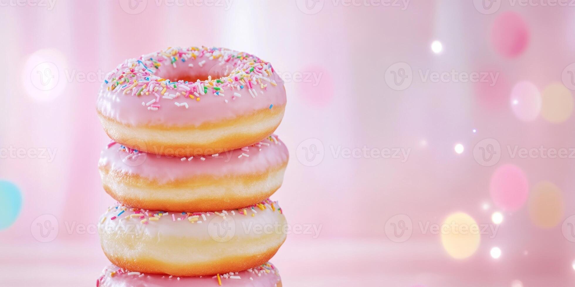 Colorful stacked donuts with vibrant frosting and sprinkles against a soft pastel background photo