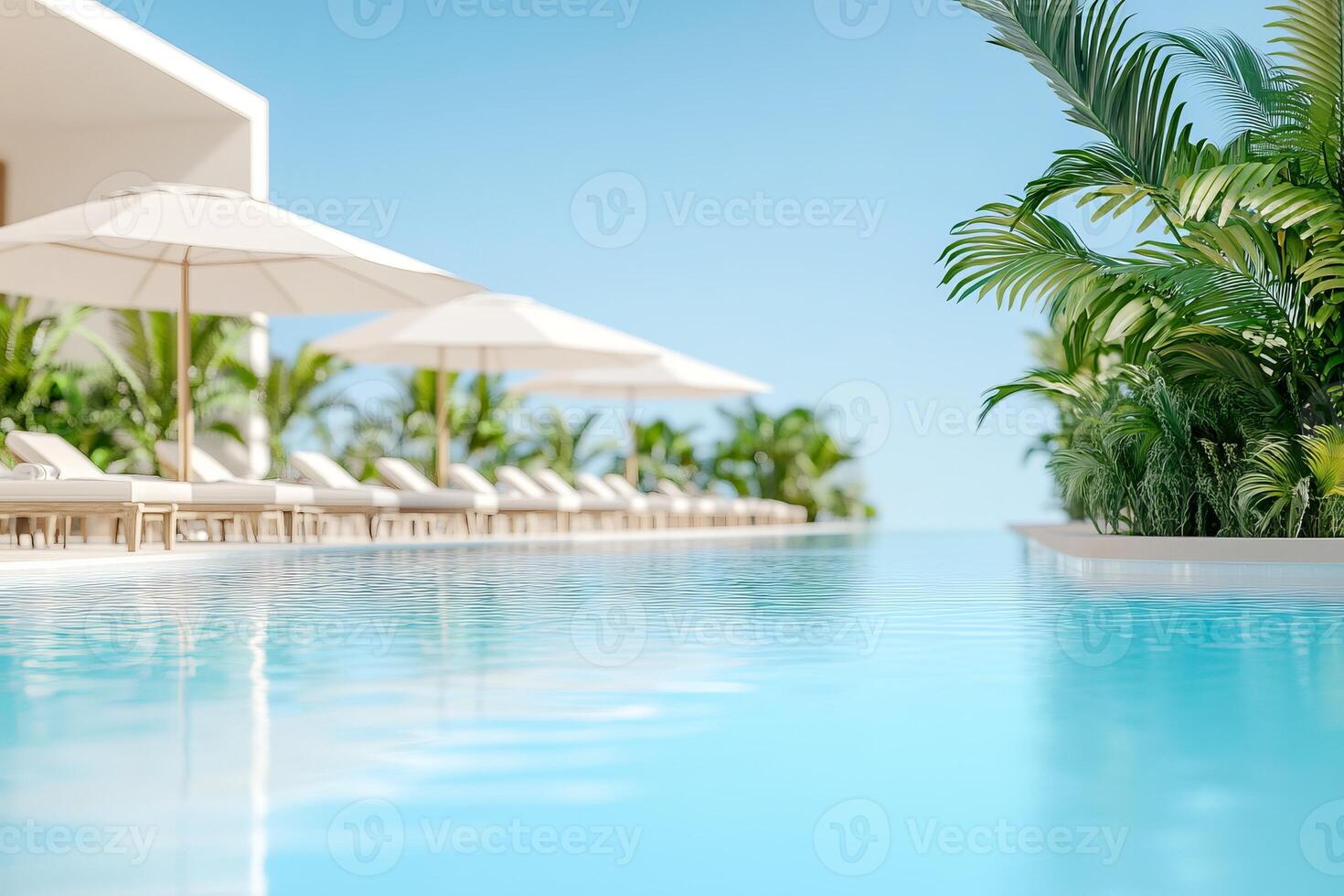 Serene dawn at a resort pool with lounge chairs and tropical greenery reflecting morning light photo
