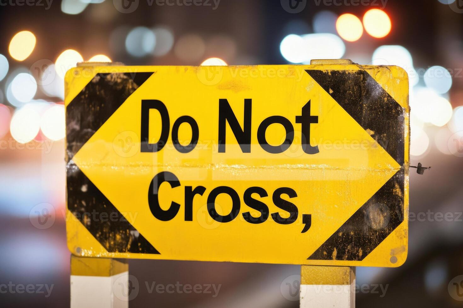 Caution tape with bold yellow and black colors warning not to cross, illuminated by dramatic lighting in urban setting photo