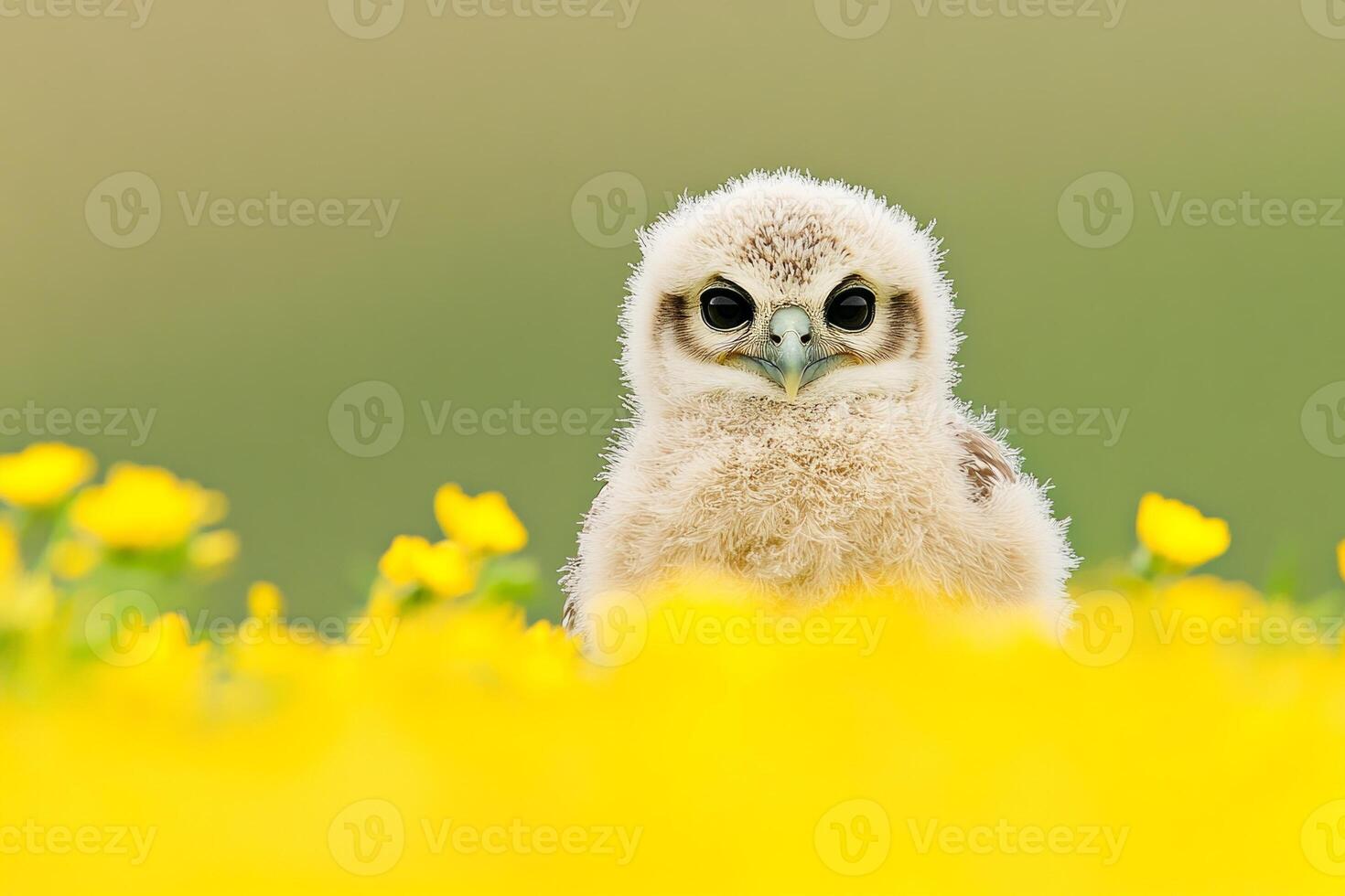 A white owl with dark eyes stands among vibrant yellow wildflowers during a calm afternoon in nature photo