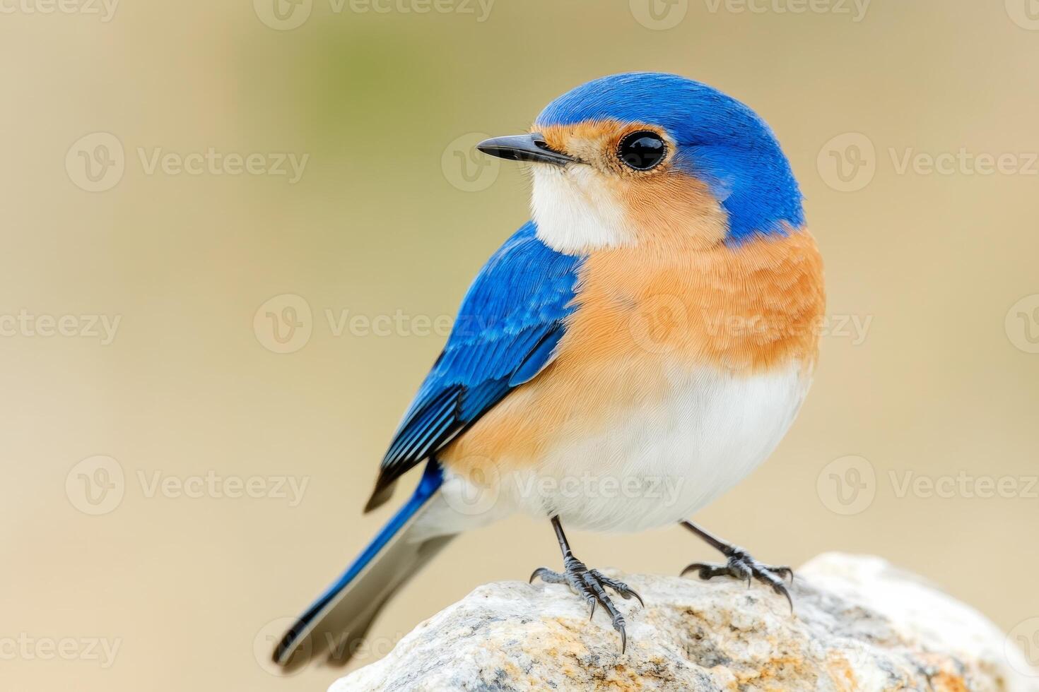 A small blue and orange bird perched on a rock against a soft, earthy background in natural light photo