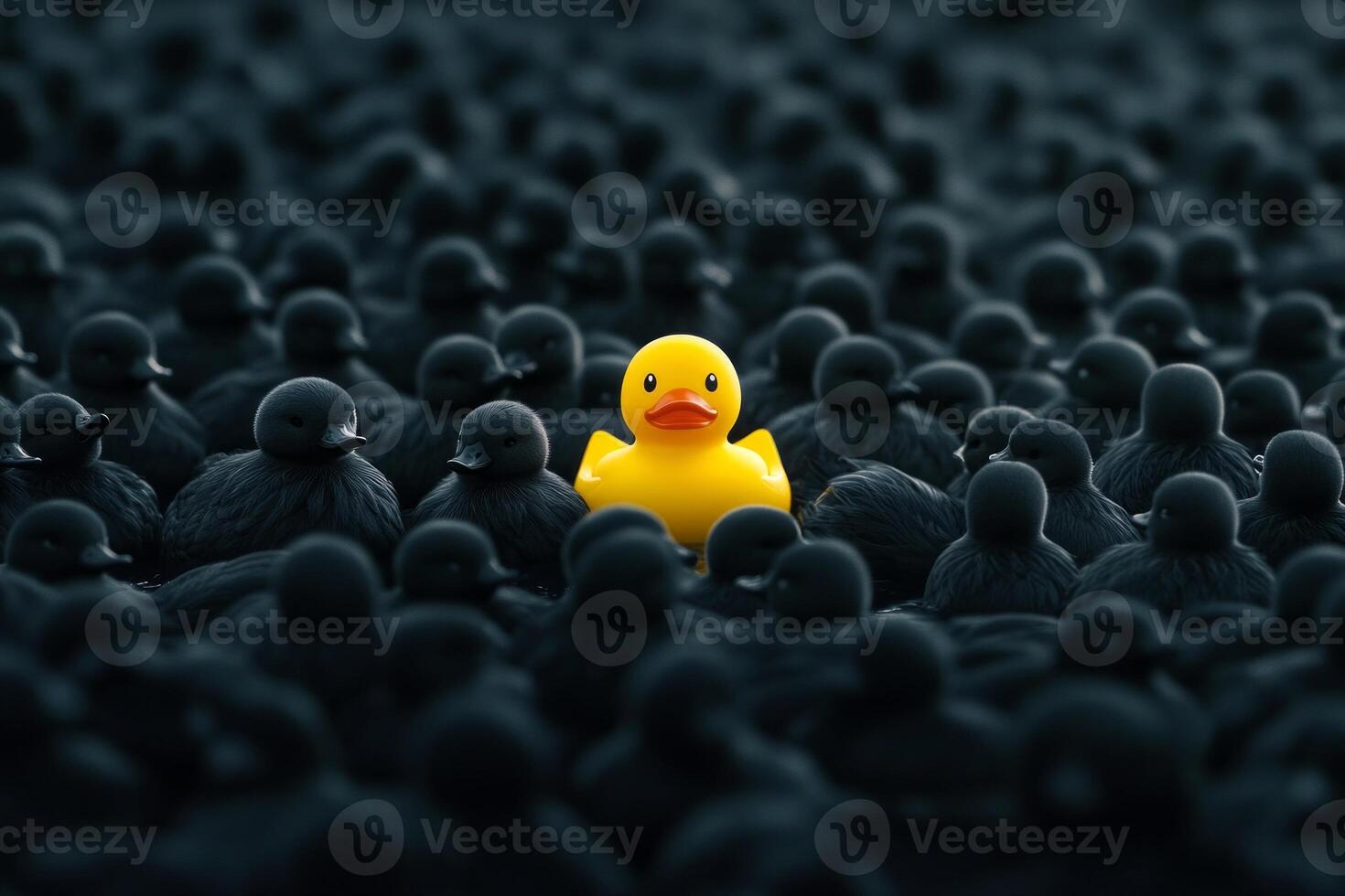 A single yellow rubber duck stands out among a crowd of black ducks in a dark environment photo