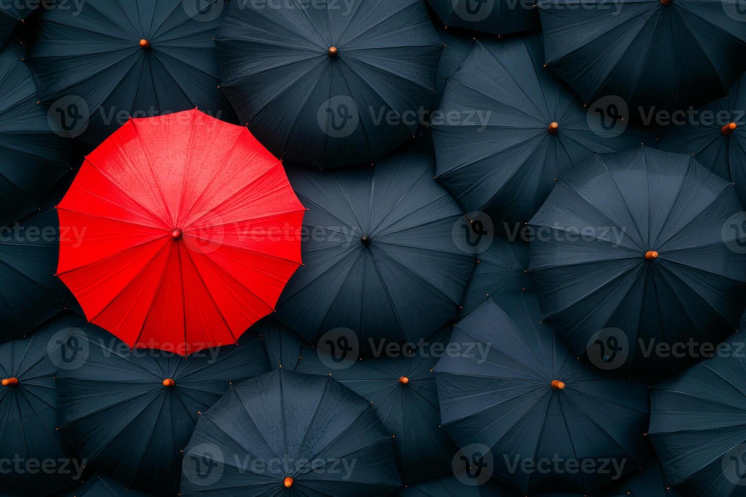 A single red umbrella stands out among numerous black umbrellas creating a striking visual contrast photo