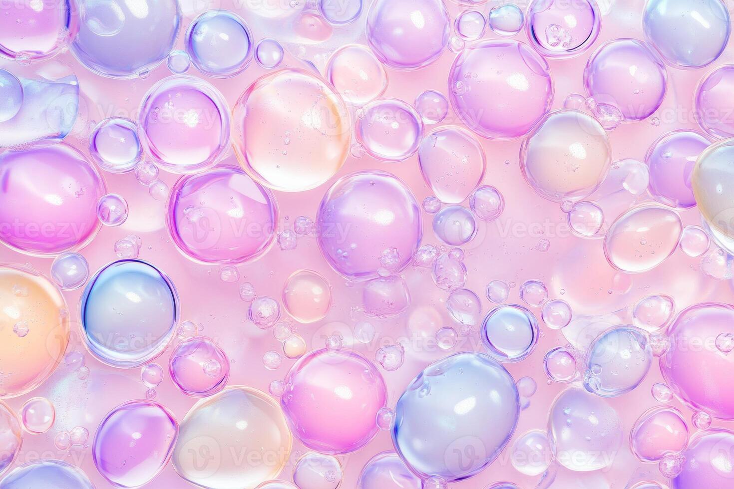 Holographic bubbles floating elegantly on a soft pastel background with shimmering effects photo