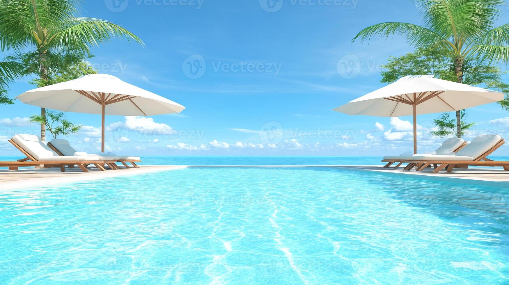 Luxurious tropical resort pool with loungers and umbrellas overlooking the serene ocean horizon under a clear sky photo