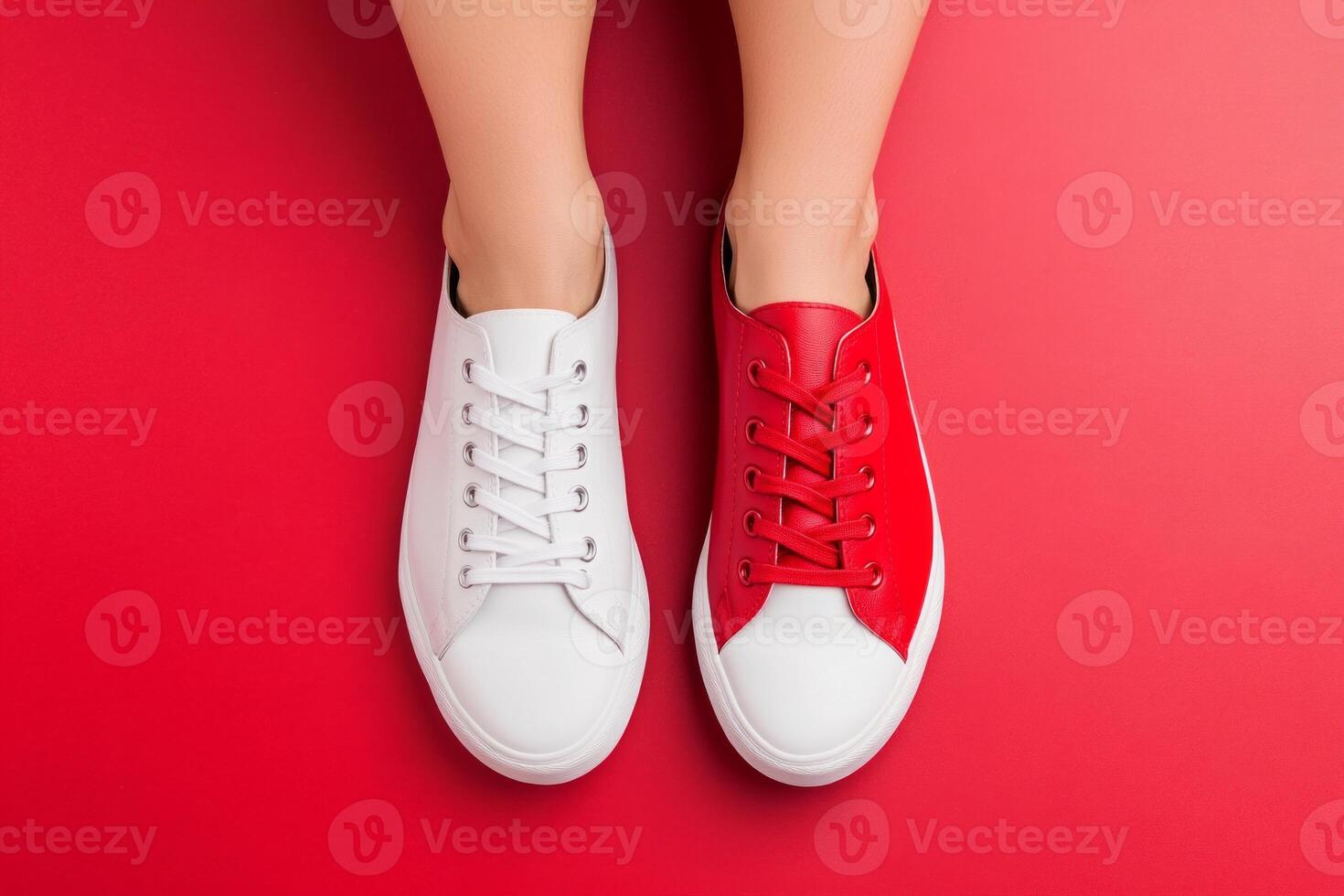 A person showcases mismatched red and white shoes on a vibrant red background for unique self-expression photo