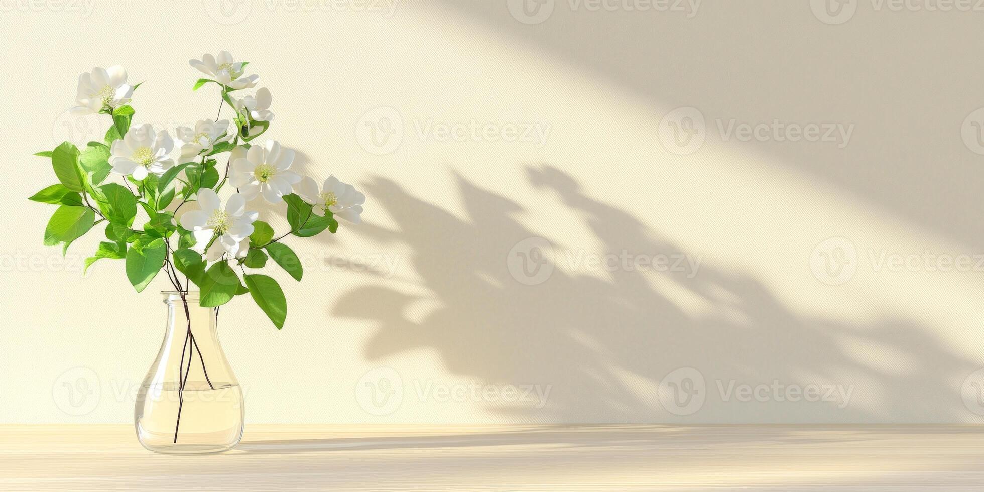 Bright minimalist corner with delicate white flowers offering a serene atmosphere photo