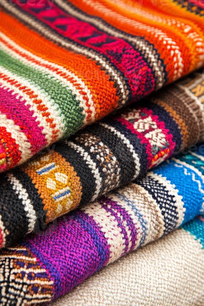 Traditional Peruvian embroidery showcasing vibrant colors and intricate designs from indigenous Andean culture photo