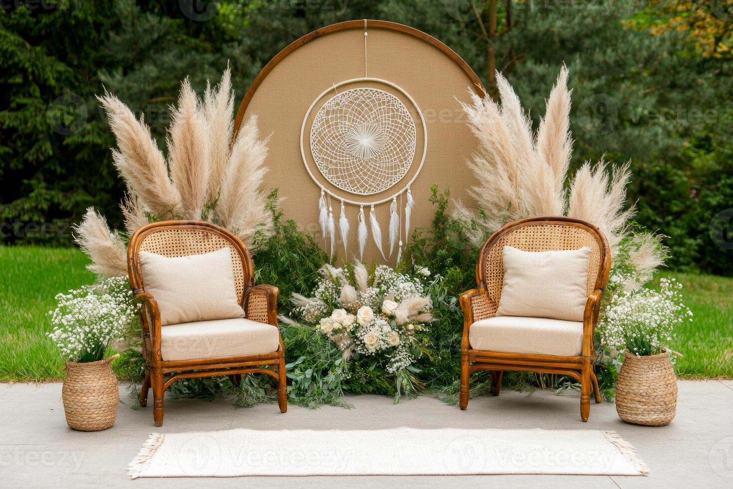 Charming rustic outdoor boho wedding setting with dreamcatcher backdrop and vintage wooden chairs photo